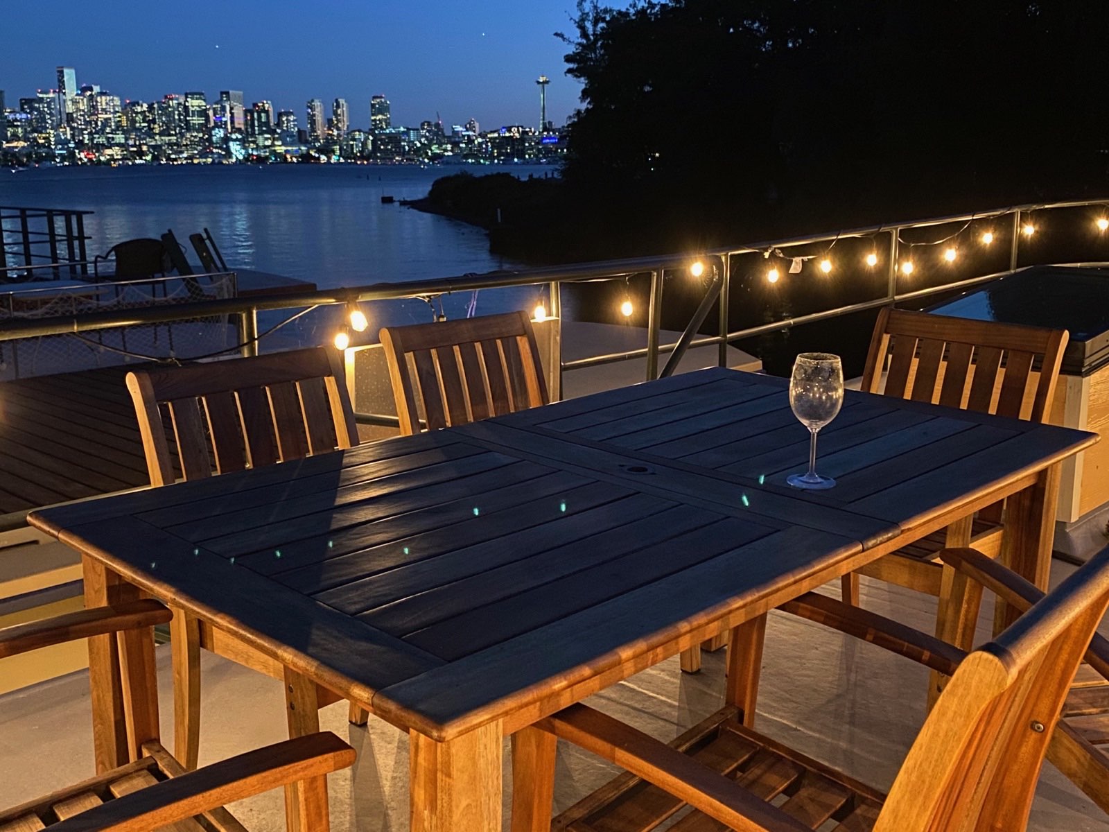 Rooftop dining table at night